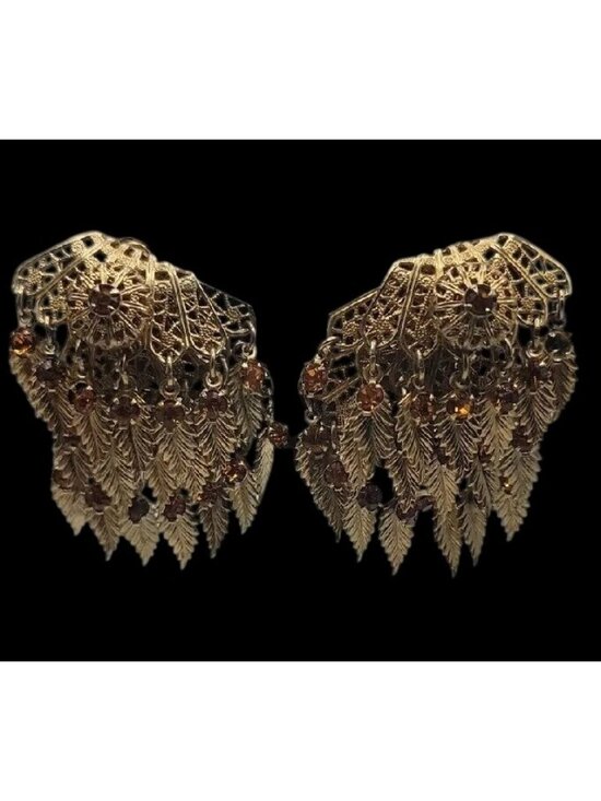 Miriam Haskell Jewelry - VTG Miriam Haskell Feather Rhinestones Clip On Earrings 1930s Statement Unsigned